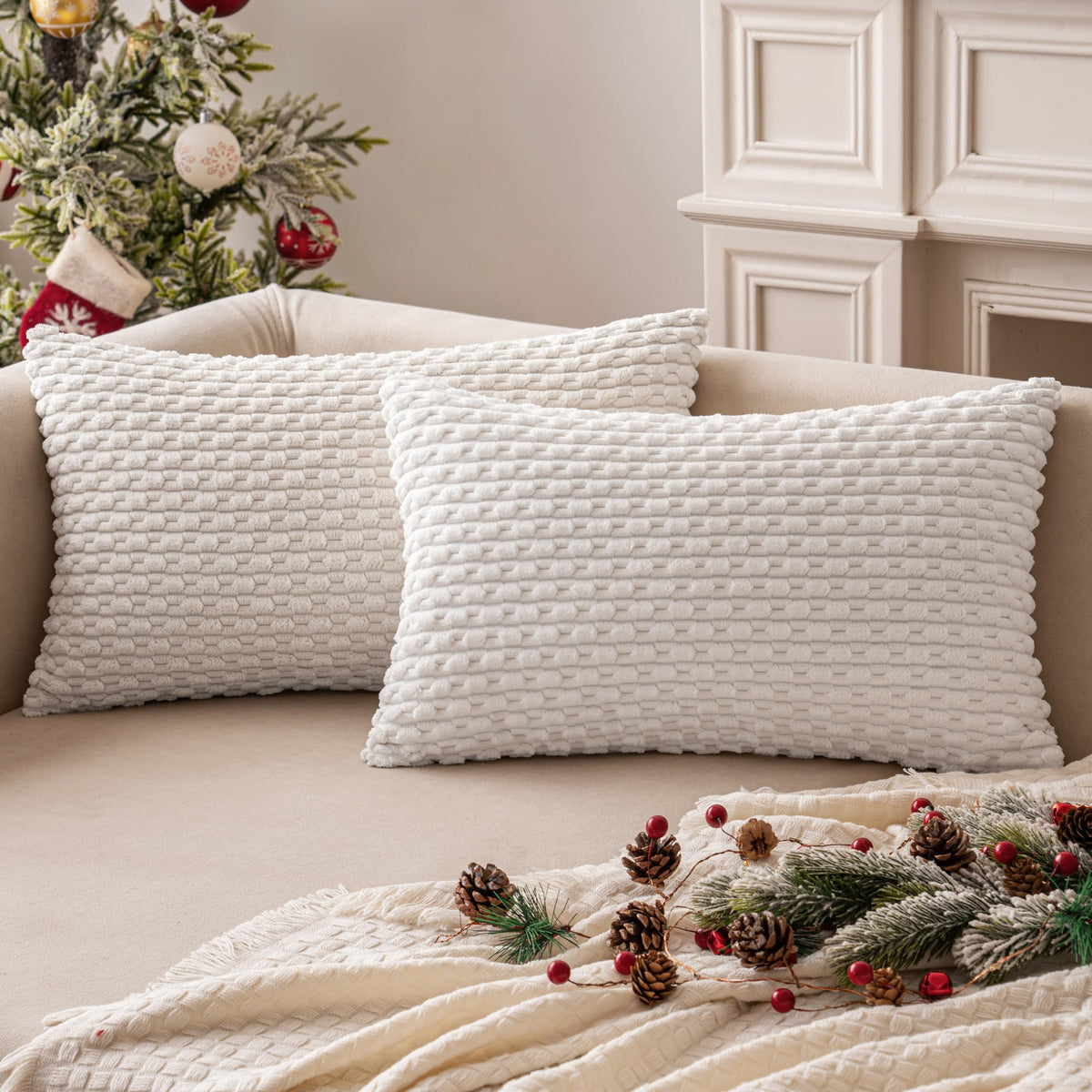 MIULEE Decorative Throw Pillow Covers 20x20 Cream White Textured Corduroy