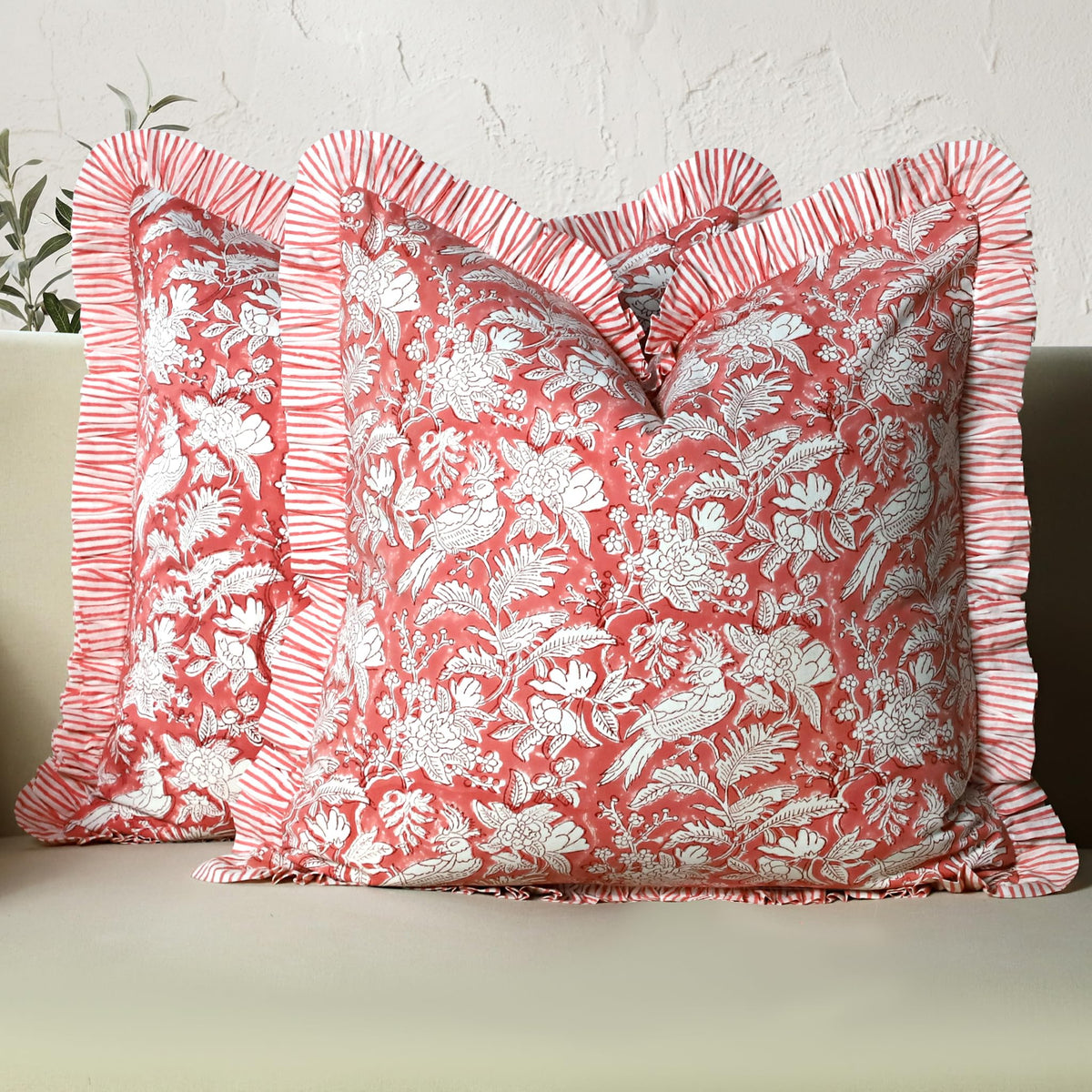 CPC Block Print Ruffle Throw Pillow Cover Emerald Green 20"x20", Pack of 2