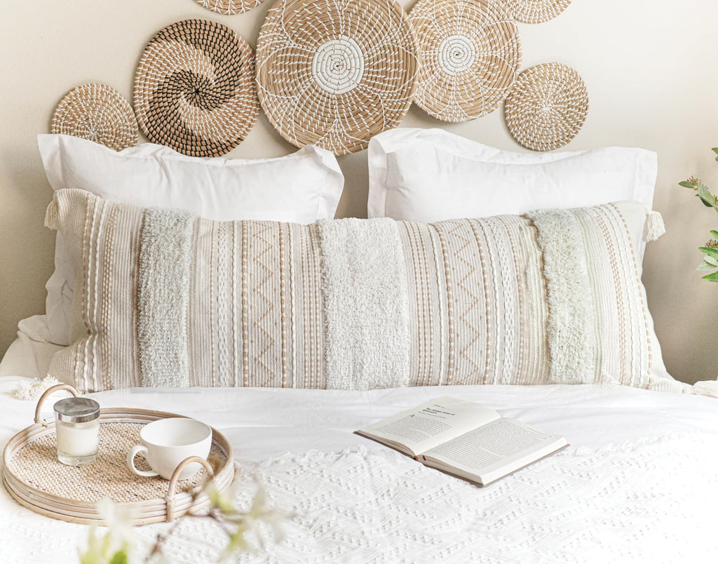 BlissBlush 14x36 Lumbar Pillow Cover for Bed, Rectangular Long Decorative Throw Pillowcase, Boho Accent Cushion with Tufted Pattern and Tassels, Cream Beige Neutral (Cover Only)