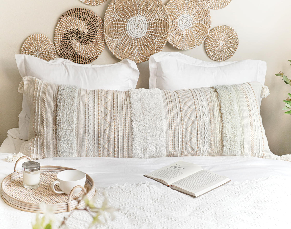 BlissBlush 14x36 Lumbar Pillow Cover for Bed, Rectangular Long Decorative Throw Pillowcase, Boho Accent Cushion with Tufted Pattern and Tassels, Cream Beige Neutral (Cover Only)
