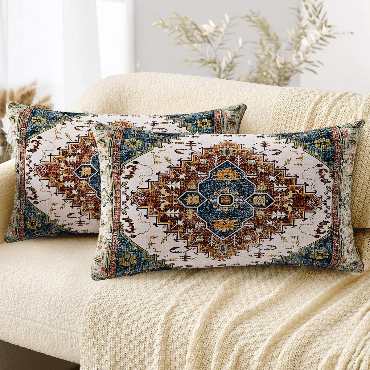 Boho Throw Pillow Covers 18x18 inch Set of 2,Soft Pillowcases Bohemia Carpet Printing Pattern Decorative Sofa Living Room Bed Square Pillow Case Cushion Cover-Cream Color