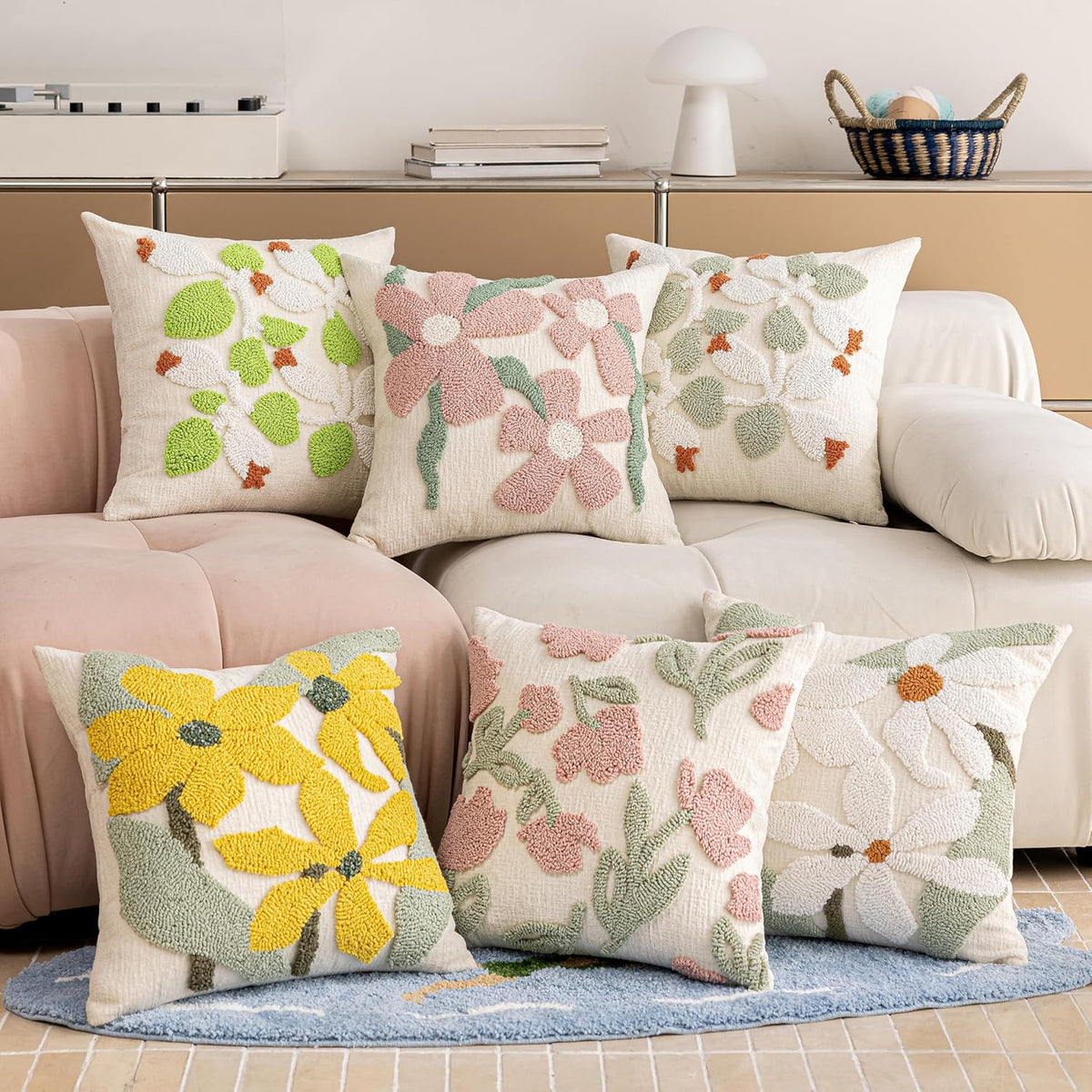 Premium Chenille Embroidered Throw Pillow Covers 18x18 Set of 2, Thick 3D Tufted Pink Floral Decorative Cushion Covers with Hidden Zipper for Couch Sofa Bed Living Room Boho Home Decor