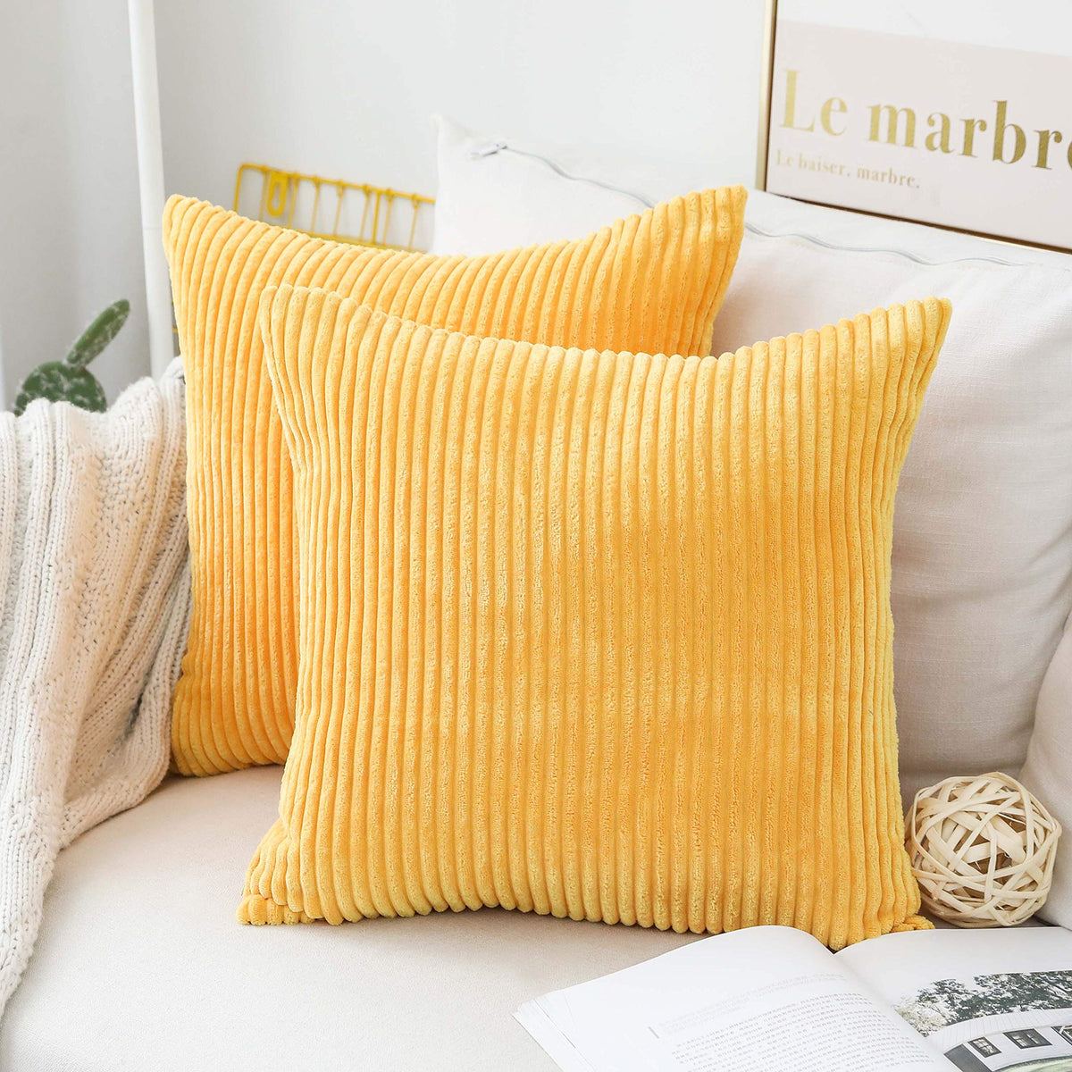 Home Brilliant Yellow Pillow Covers Summer Decorative Set of 2 Striped Corduroy Plush Velvet Throw Pillow Covers for Couch Decor, 18x18 inch, Light Yellow