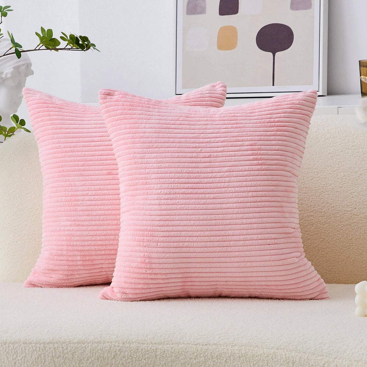 Home Brilliant Yellow Pillow Covers Summer Decorative Set of 2 Striped Corduroy Plush Velvet Throw Pillow Covers for Couch Decor, 18x18 inch, Light Yellow
