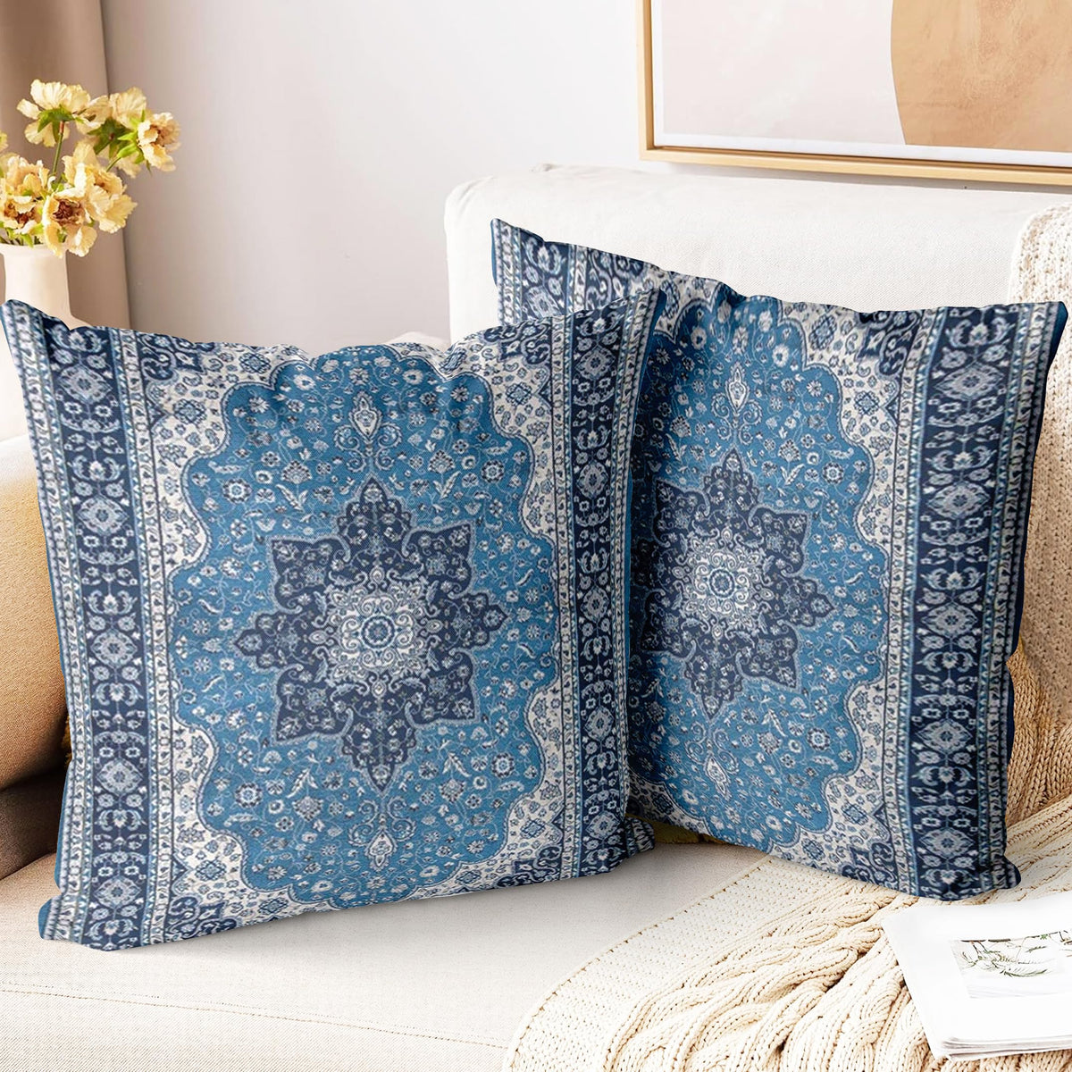 Boho Throw Pillow Covers 18x18 inch Set of 2,Soft Pillowcases Bohemia Carpet Printing Pattern Decorative Sofa Living Room Bed Square Pillow Case Cushion Cover-Cream Color