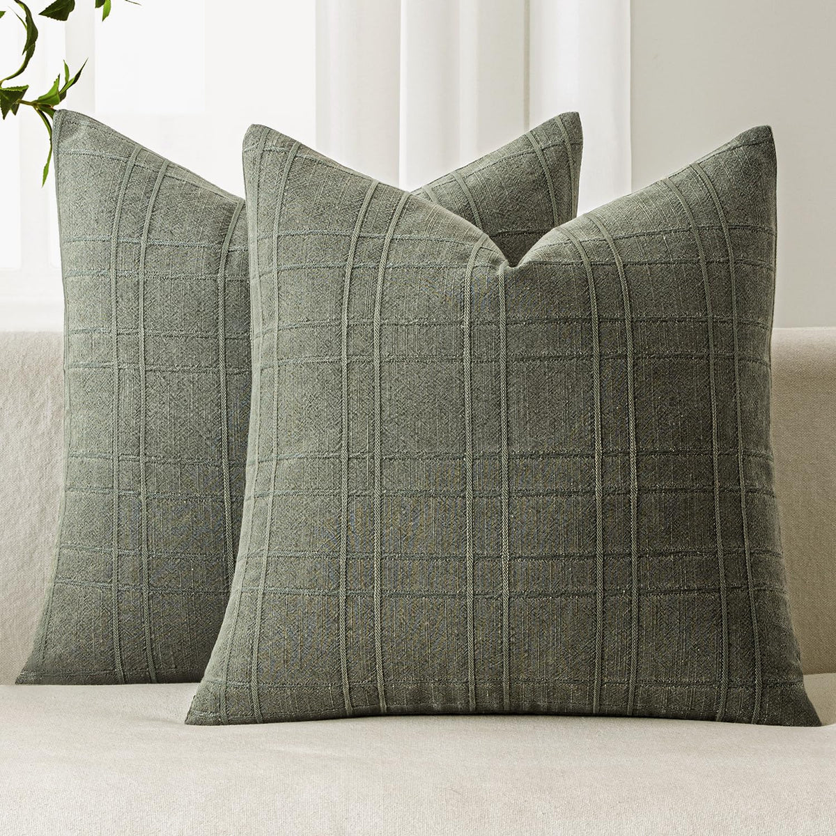 MIULEE Linen Plaid Pillow Covers Decorative 20x20 Natural Beige