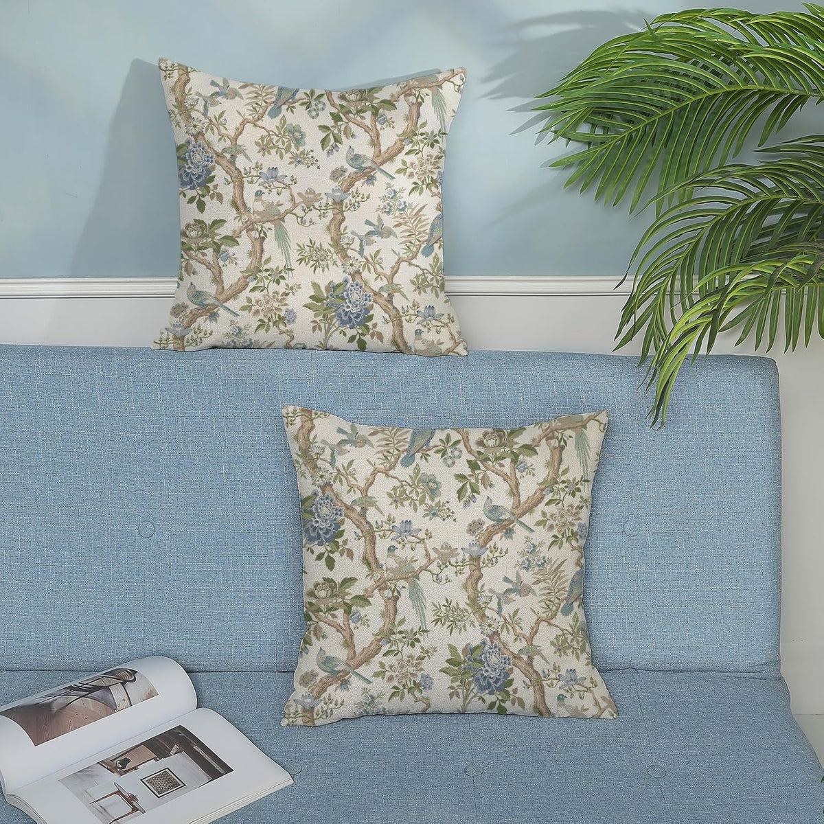 Chinoiserie Pillow Covers 18x18 Set of 2 Blue Green Bird Floral Throw Pillows Vintage Blue Flowers Decorations Outdoor Pillowcase Chinoiserie Decor Farmhouse Linen Cushion Case for Couch Home