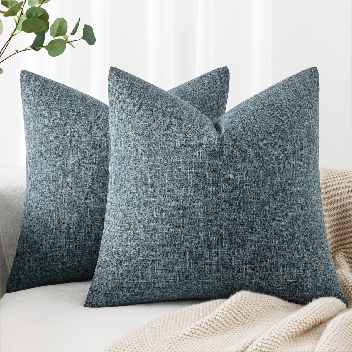 MIULEE Pack of 2 Linen Textured Pillow Covers, 18x18 Inch Light Blue
