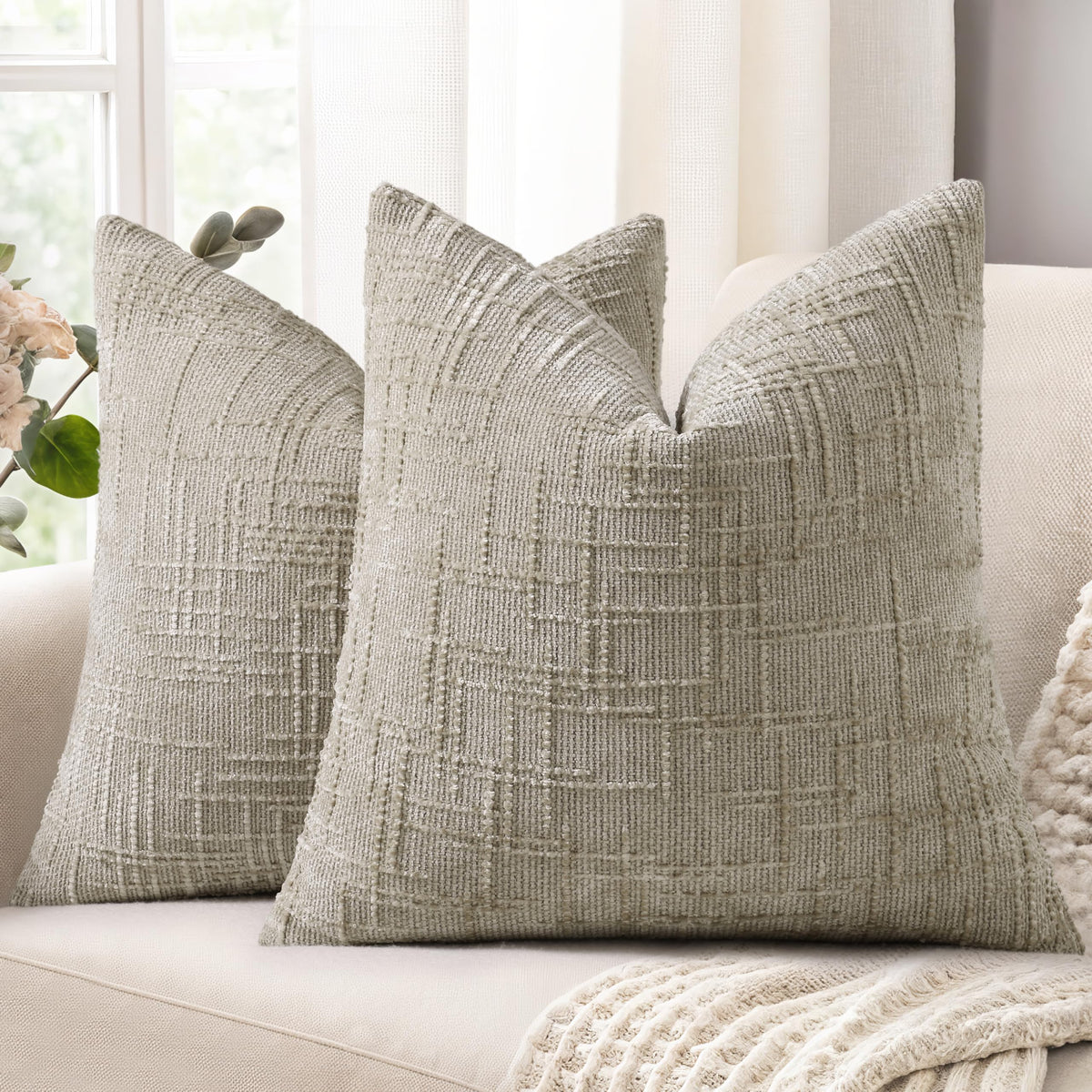 decorUhome Textured Chenille Throw Pillow Covers 18x18 Set of 2 Cream White