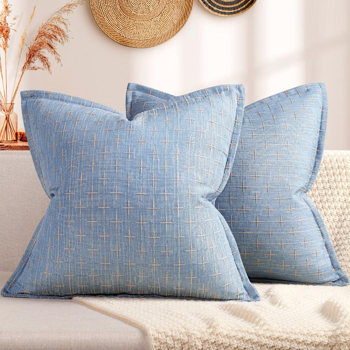 ZWJD Fall Pillow Covers 20x20 Set of 2 Soft Polyester Textured Rust Pillow Covers with Stylish Flange Edge Cozy Farmhouse Throw Pillows for Couch Bed Sofa Living Room Fall Decor