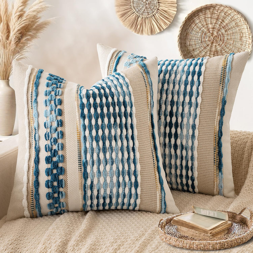 ANRODUO Boho Decorative Pillow Covers Olive Green Stripe 18x18 Pack of 2