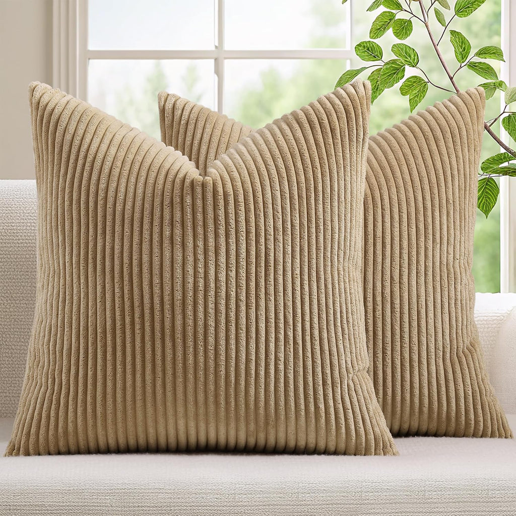 Mecatny Corduroy Fall Decorative Throw Pillow Covers 18x18 Set of 2 Khaki