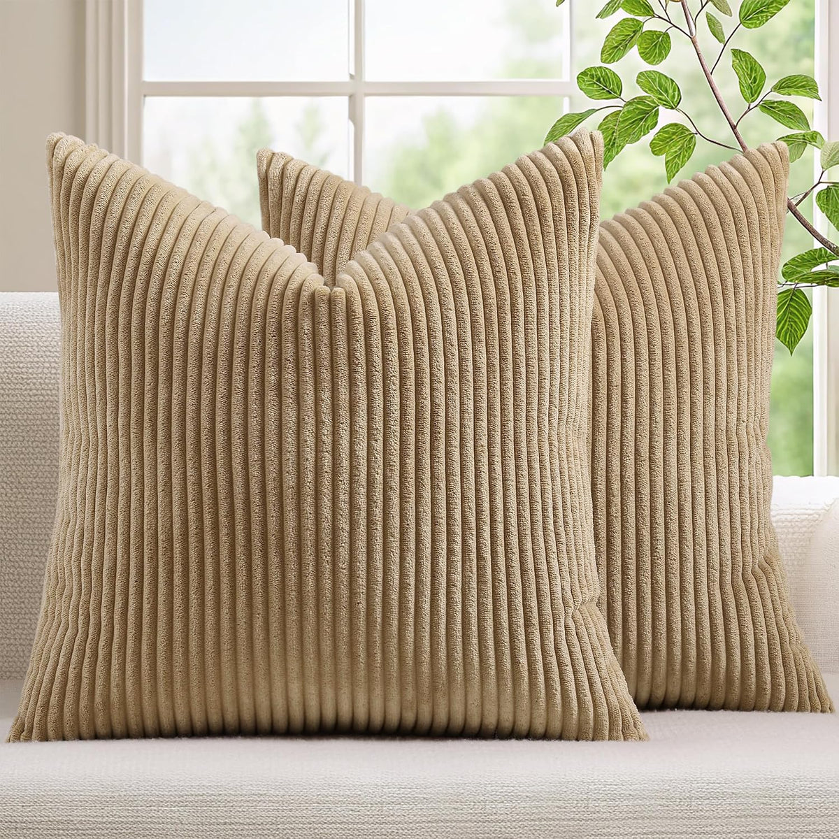 Mecatny Corduroy Fall Decorative Throw Pillow Covers 18x18 Set of 2 Khaki