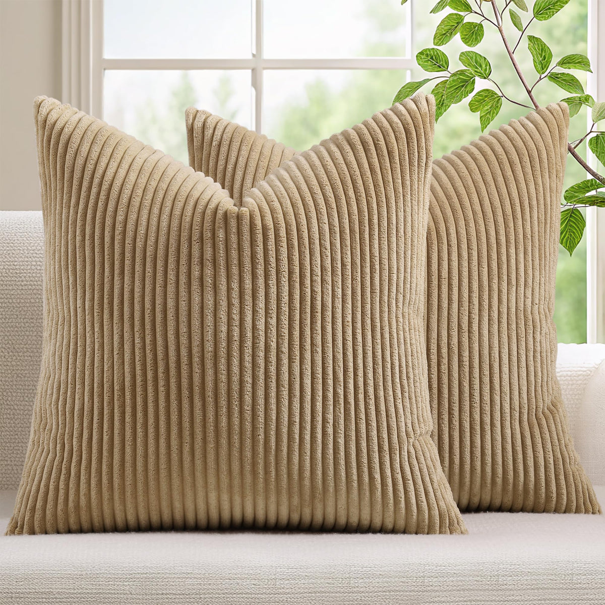 Mecatny Corduroy Fall Decorative Throw Pillow Covers 18x18 Set of 2 Khaki