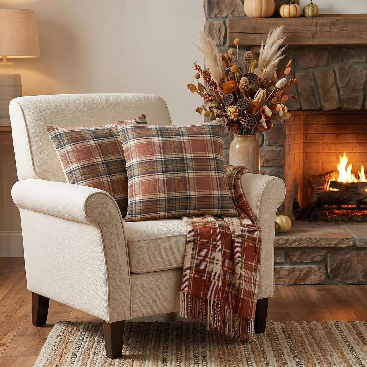 AVOIN colorlife Fall Caramel Brown Plaid Decorative Throw Pillow Covers, 18 x 18 Inch Holiday Scottish Tartan Cushion Case Farmhouse Decoration for Sofa Couch Set of 2