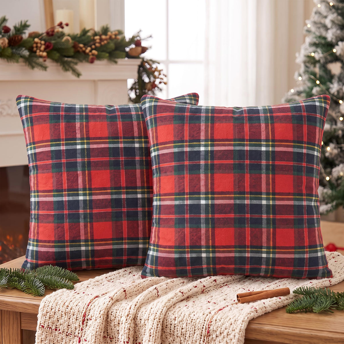 AVOIN colorlife Fall Caramel Brown Plaid Decorative Throw Pillow Covers, 18 x 18 Inch Holiday Scottish Tartan Cushion Case Farmhouse Decoration for Sofa Couch Set of 2