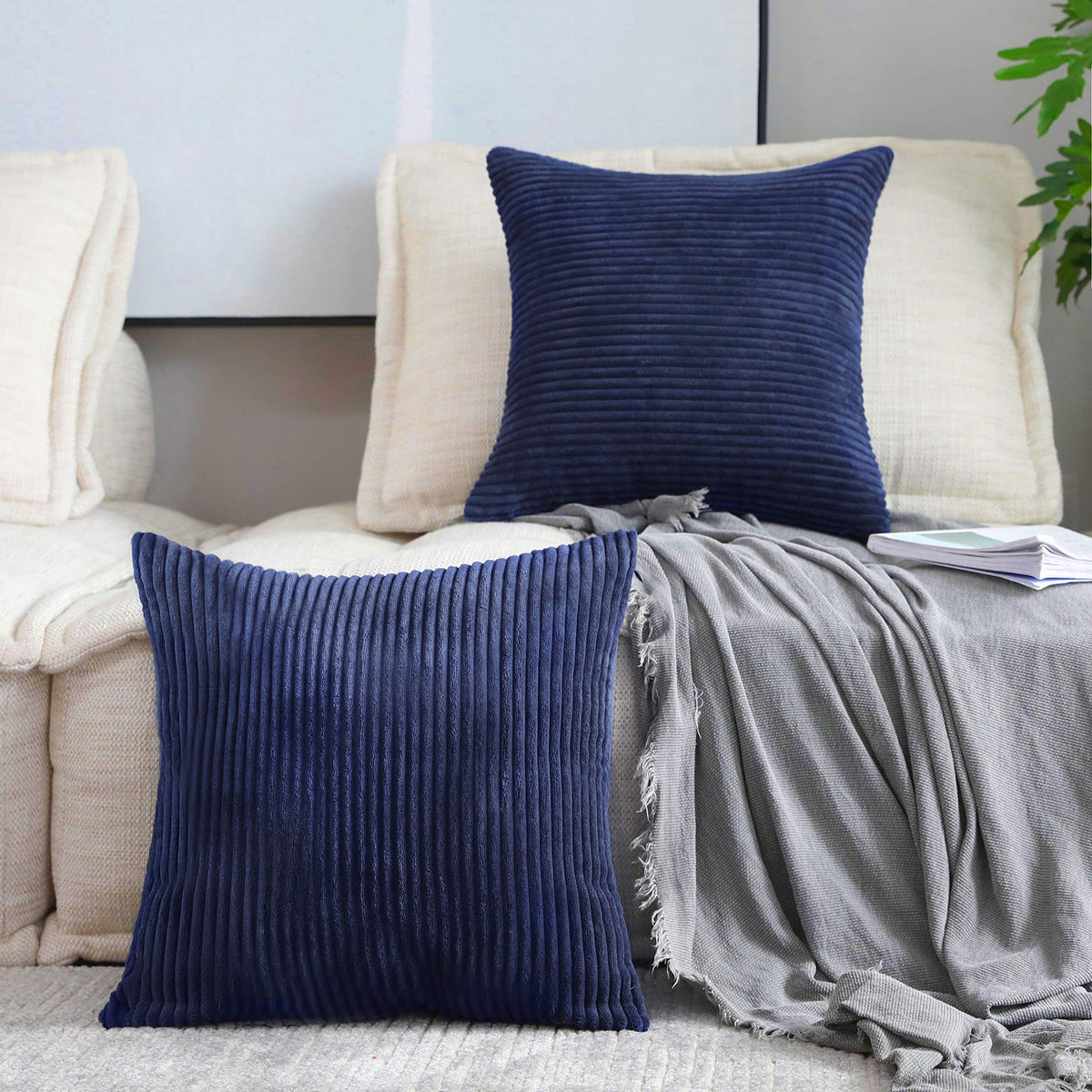 Home Brilliant Yellow Pillow Covers Summer Decorative Set of 2 Striped Corduroy Plush Velvet Throw Pillow Covers for Couch Decor, 18x18 inch, Light Yellow