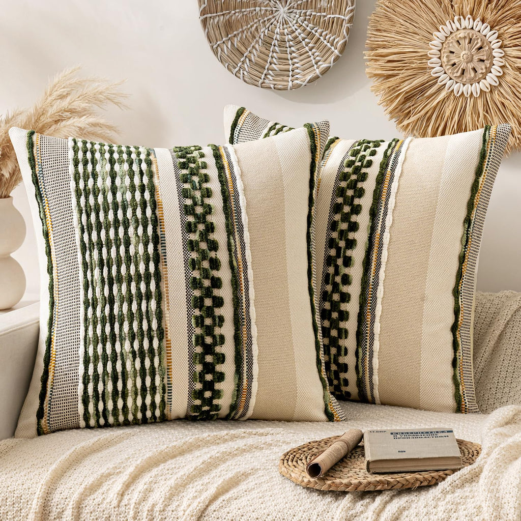 ANRODUO Boho Decorative Pillow Covers Olive Green Stripe 18x18 Pack of 2