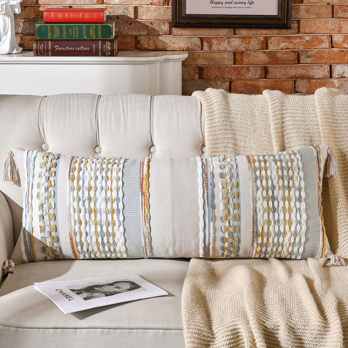 AmHoo Set of 2 Chenille Striped Textured Boho Throw Pillow Covers Aesthetic with Tassels Woven Decorative Pillow Case for Couch Bed Sofa Bedroom Modern Funky 18 x 18-Inch Brown