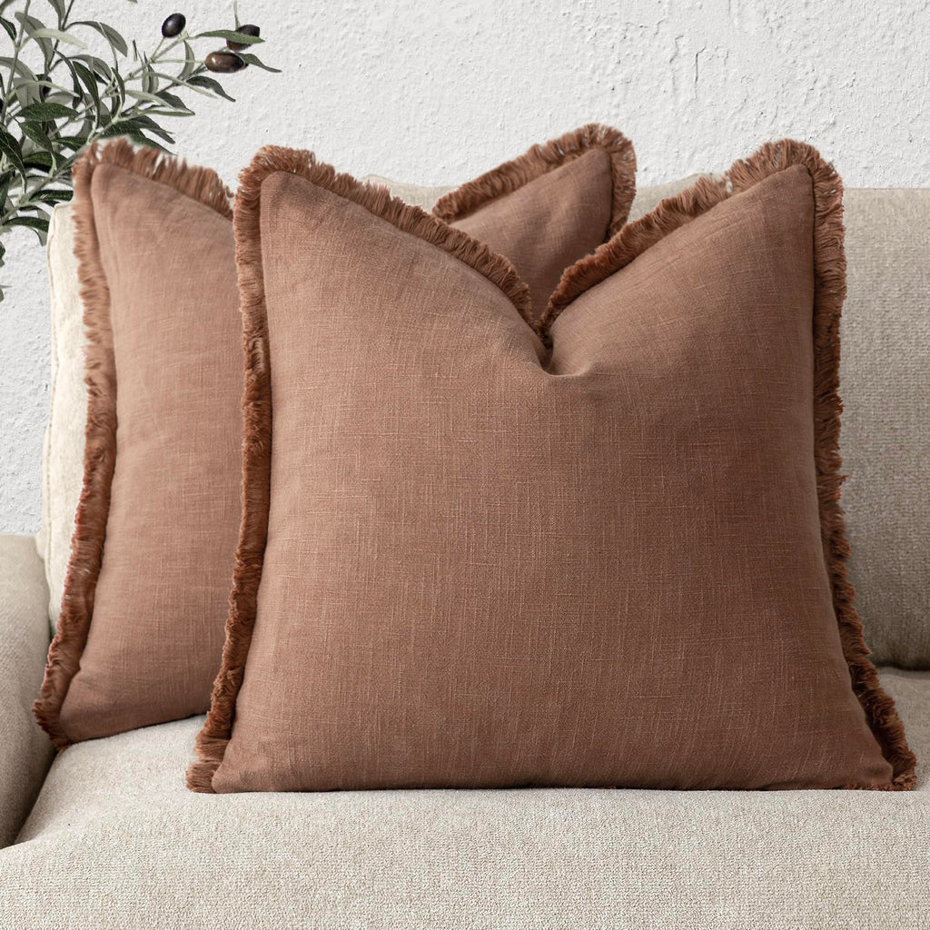Foindtower Decorative Linen Fringe Throw Pillow Covers 20×20 Inch,Beige