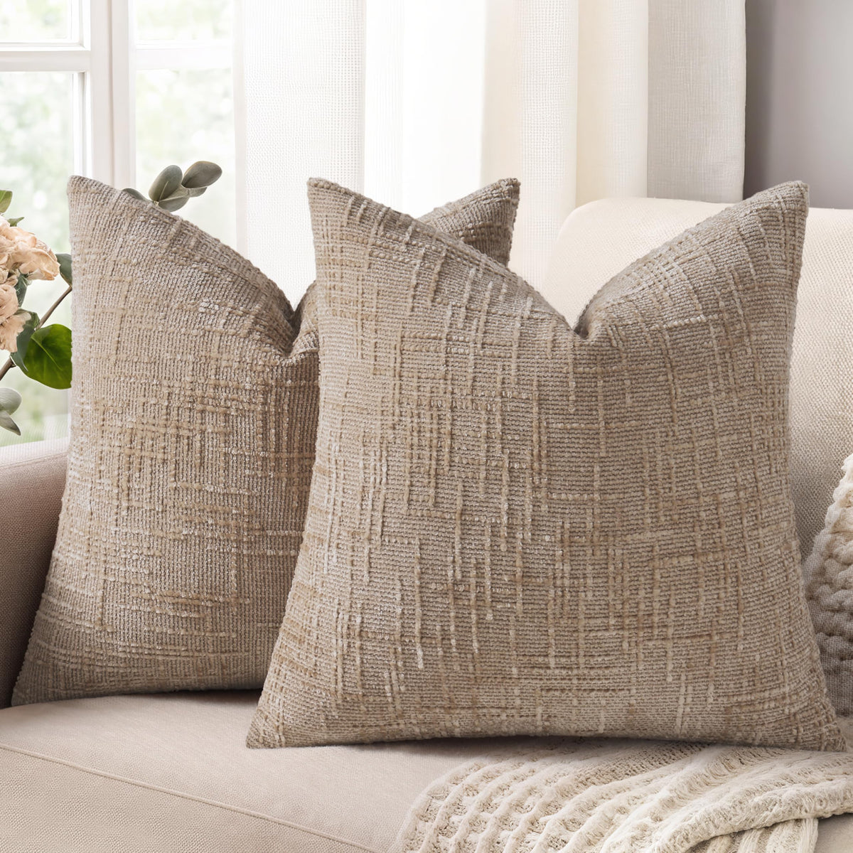 decorUhome Textured Chenille Throw Pillow Covers 18x18 Set of 2 Cream White