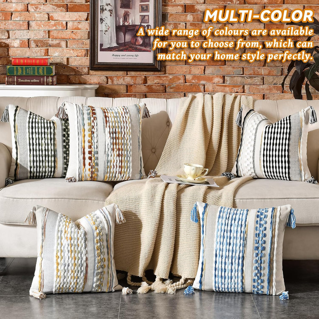 AmHoo Set of 2 Chenille Striped Textured Boho Throw Pillow Covers Aesthetic with Tassels Woven Decorative Pillow Case for Couch Bed Sofa Bedroom Modern Funky 18 x 18-Inch Brown