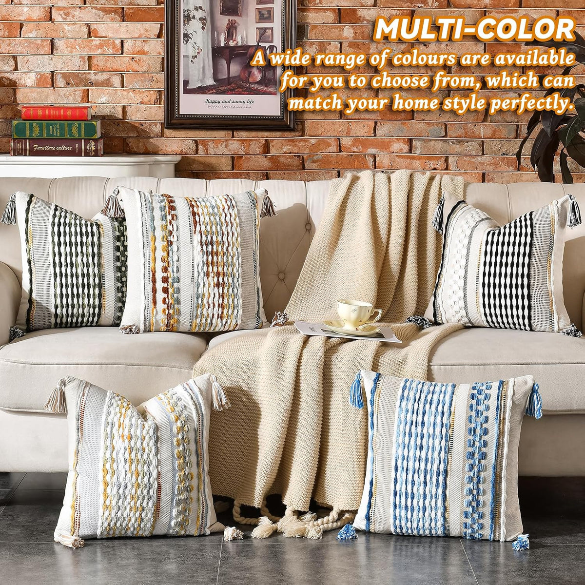 AmHoo Set of 2 Chenille Striped Textured Boho Throw Pillow Covers Aesthetic with Tassels Woven Decorative Pillow Case for Couch Bed Sofa Bedroom Modern Funky 18 x 18-Inch Brown