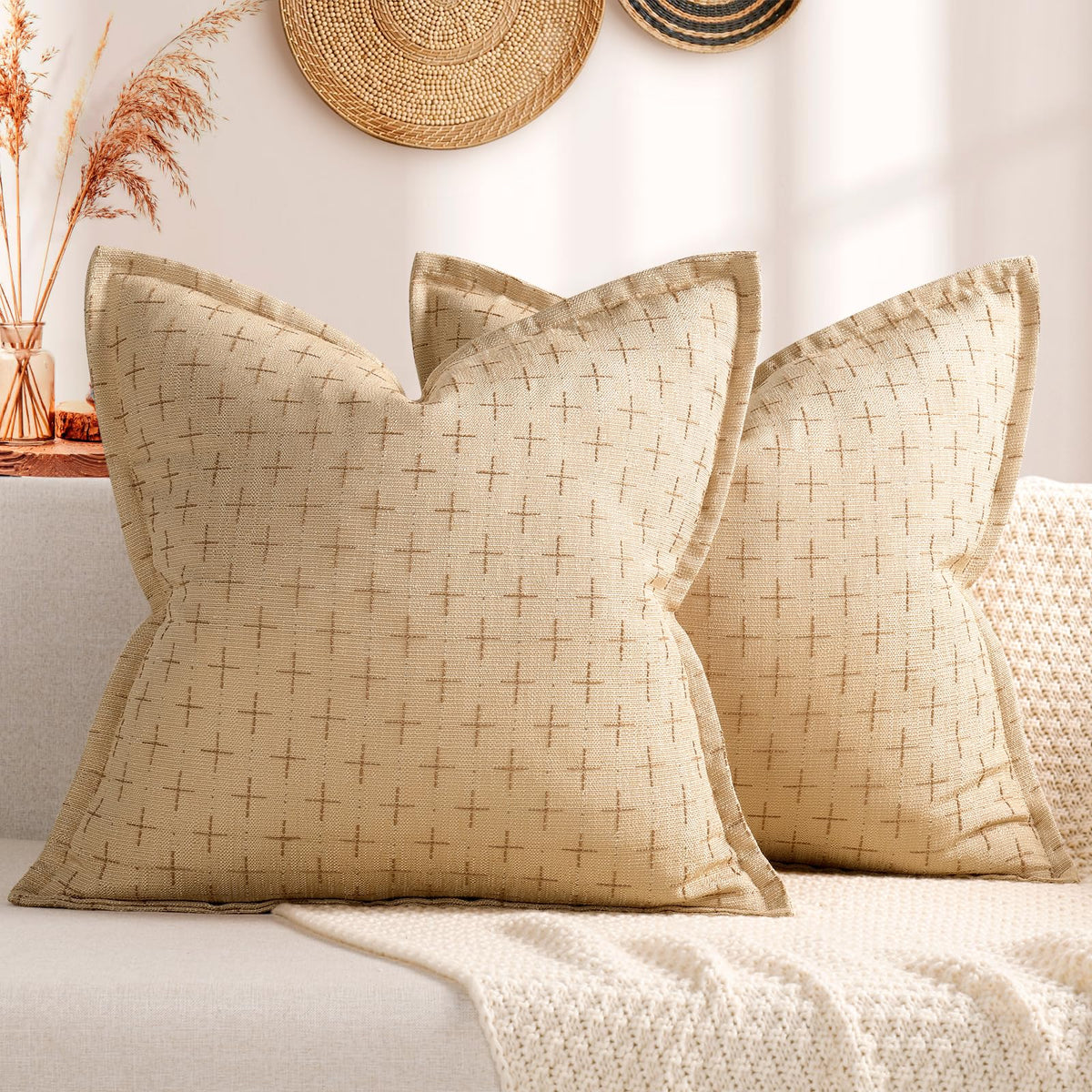 ZWJD Fall Pillow Covers 20x20 Set of 2 Soft Polyester Textured Rust Pillow Covers with Stylish Flange Edge Cozy Farmhouse Throw Pillows for Couch Bed Sofa Living Room Fall Decor