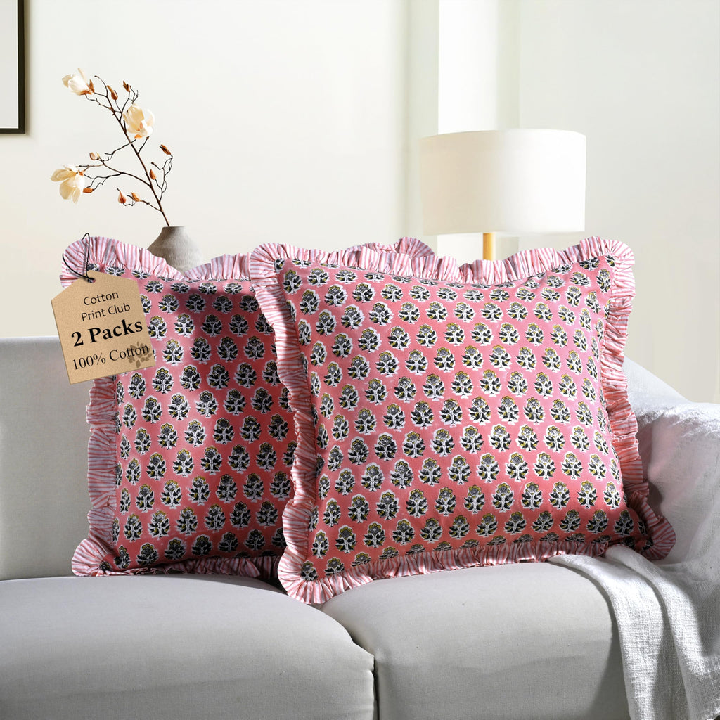 CPC Block Print Ruffle Throw Pillow Cover Emerald Green 20"x20", Pack of 2