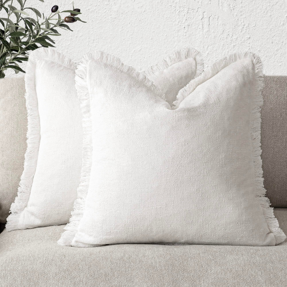 Foindtower Decorative Linen Fringe Throw Pillow Covers 18×18 Olive Green