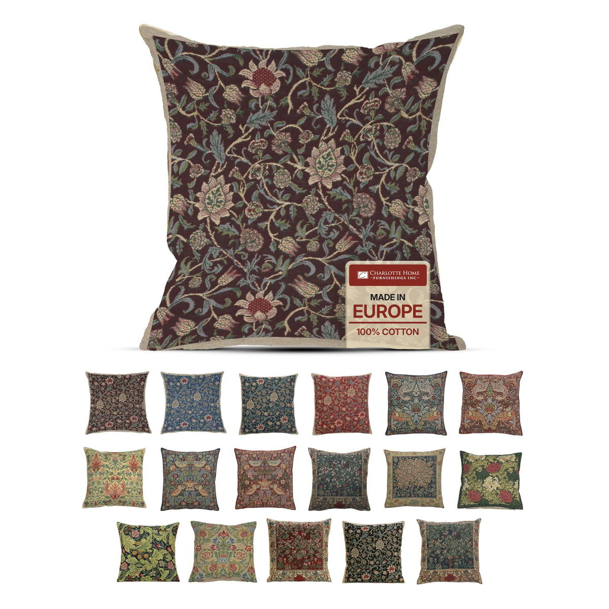 William Morris Fleurs de Morris Red Tapestry Throw Pillow Cover 16 x 16 in