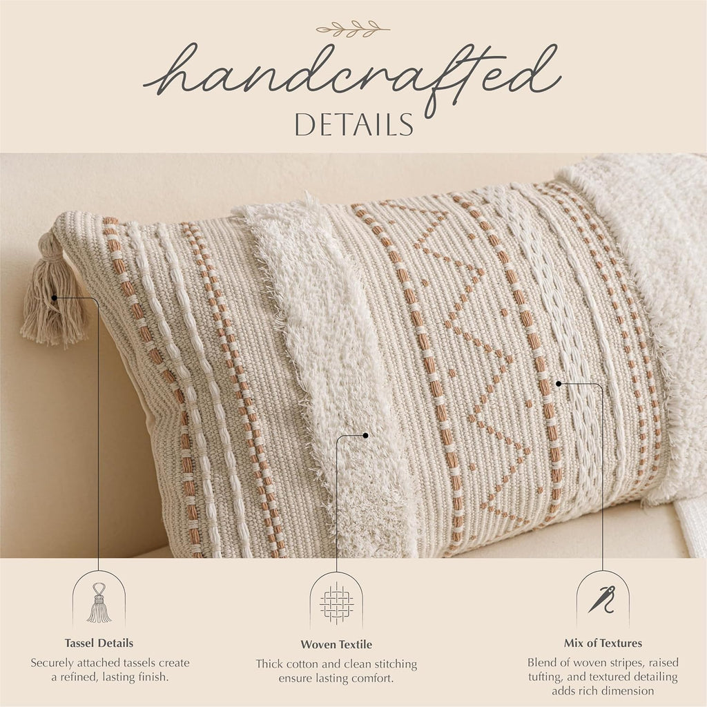 BlissBlush 14x36 Lumbar Pillow Cover for Bed, Rectangular Long Decorative Throw Pillowcase, Boho Accent Cushion with Tufted Pattern and Tassels, Cream Beige Neutral (Cover Only)