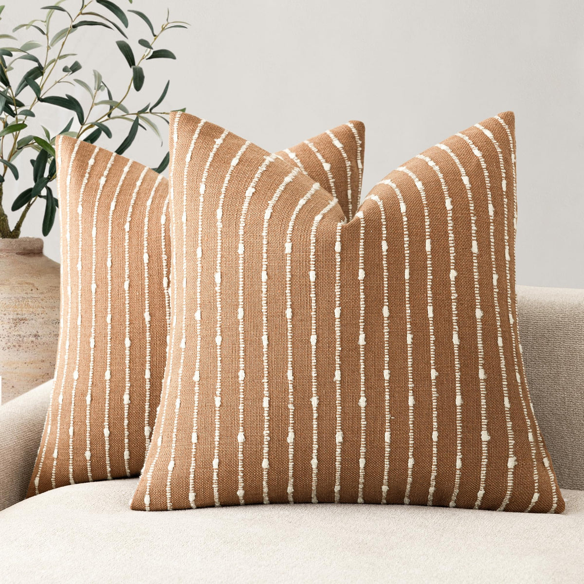 Foindtower Decorative Striped Boucle Throw Pillow Covers 20x20 Inch Camel