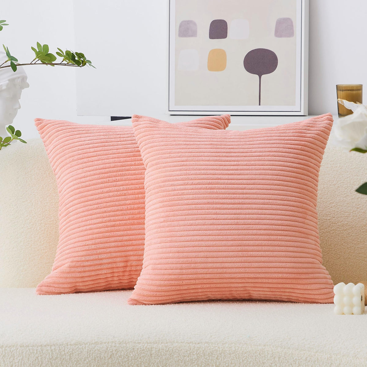 Home Brilliant Yellow Pillow Covers Summer Decorative Set of 2 Striped Corduroy Plush Velvet Throw Pillow Covers for Couch Decor, 18x18 inch, Light Yellow