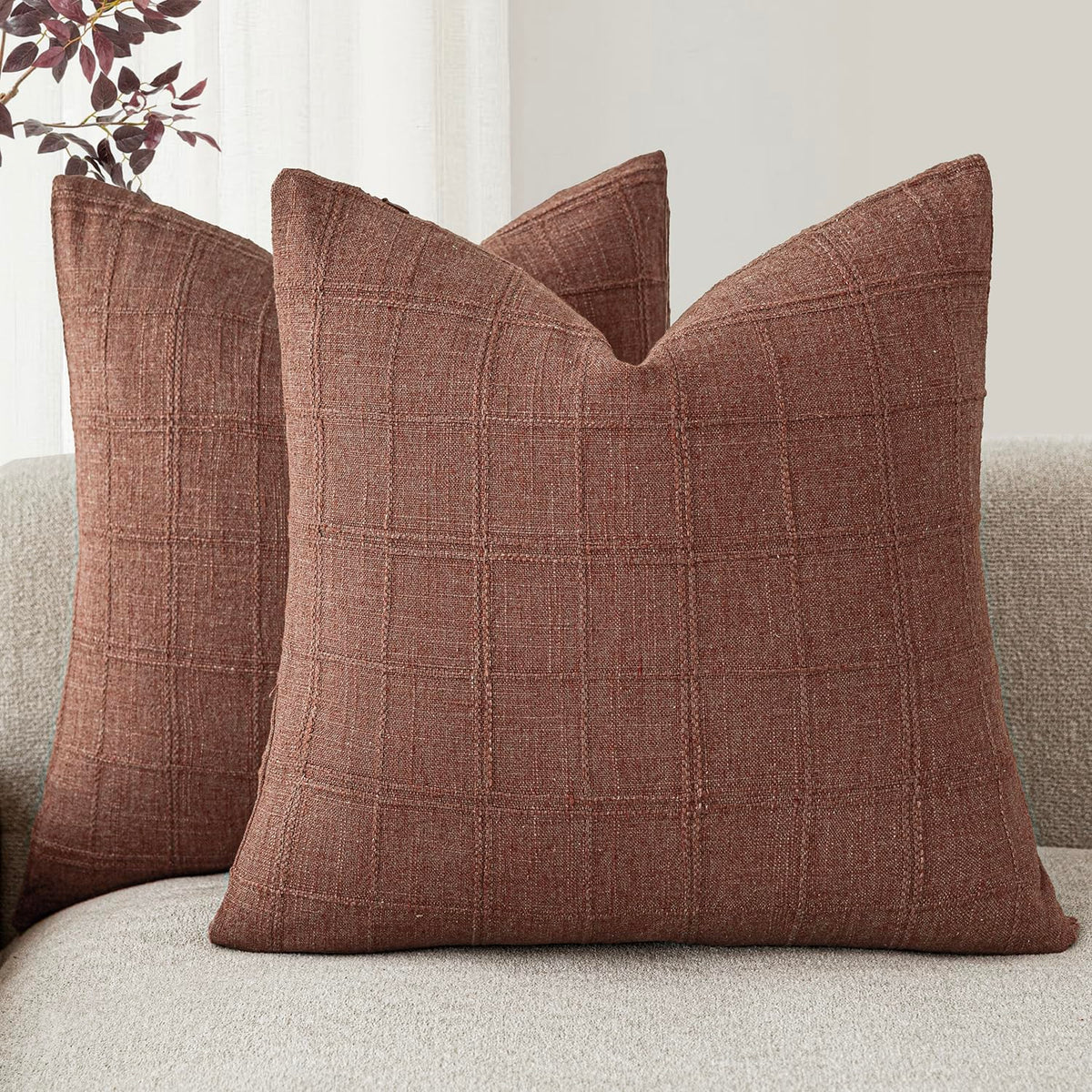 Foindtower Boho Linen Check Decorative Throw Pillow Cover 20×20 Olive Green