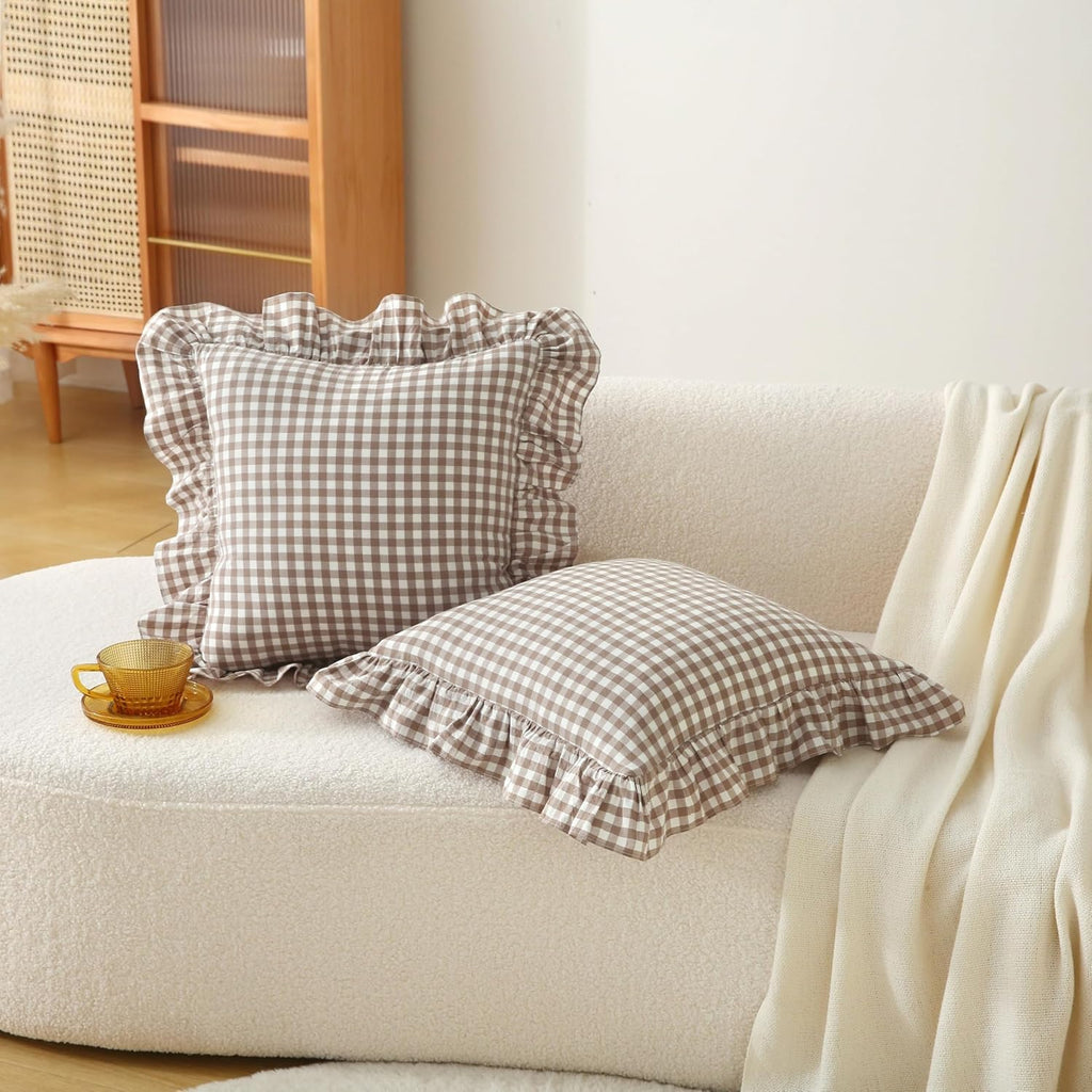 Gingham Throw Pillow Covers 18x18, Warm Taupe/White, Ruffle Trim