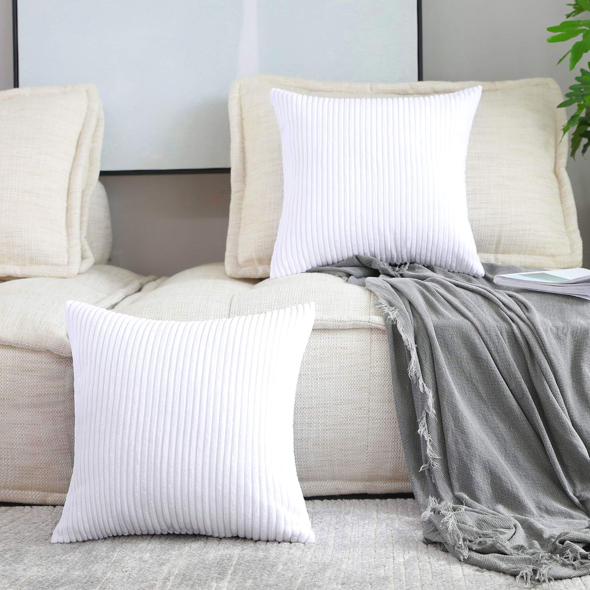 Home Brilliant Yellow Pillow Covers Summer Decorative Set of 2 Striped Corduroy Plush Velvet Throw Pillow Covers for Couch Decor, 18x18 inch, Light Yellow