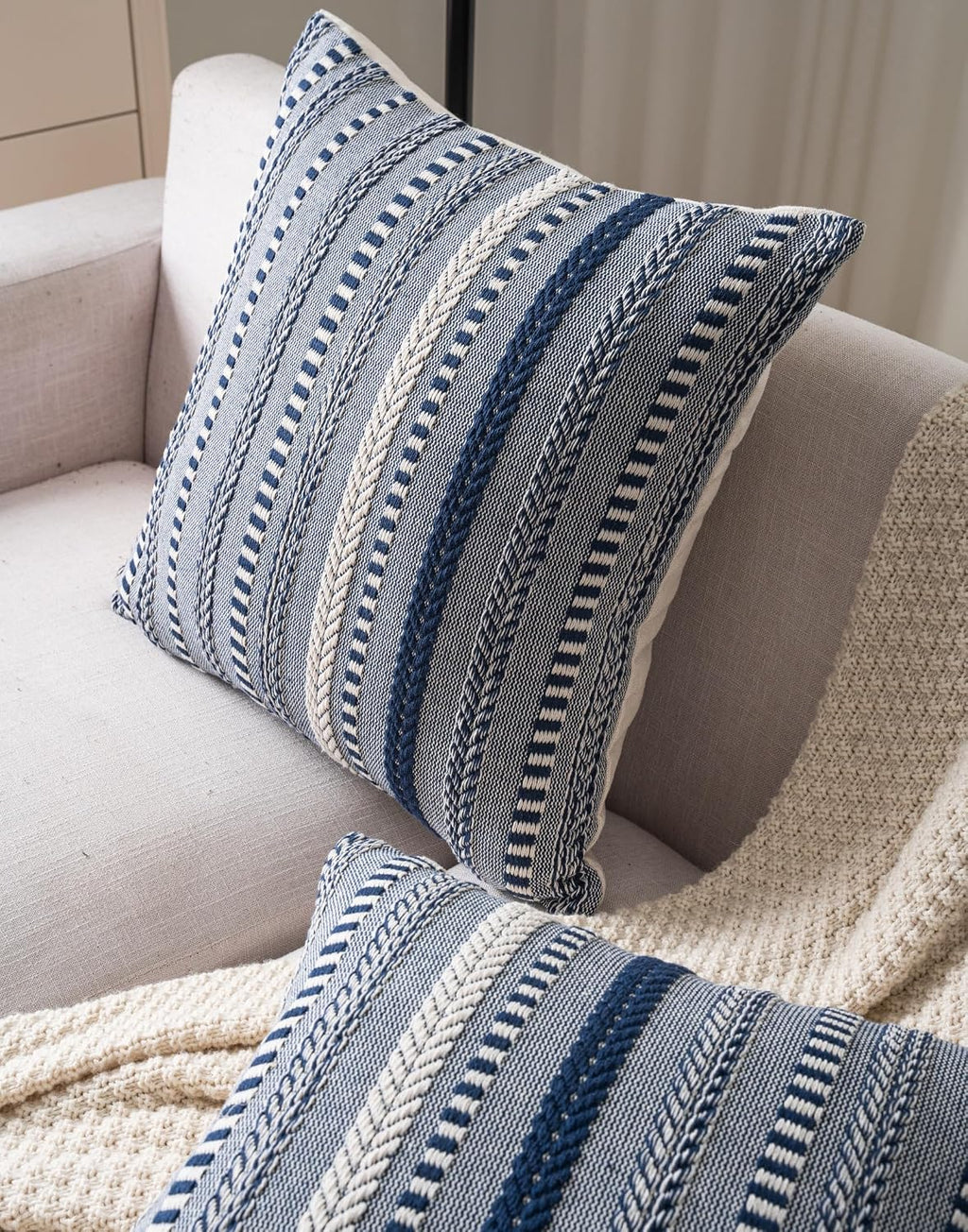 Cethom Boho Throw Pillow Covers 18x18 Inch Set of 2, Farmhouse Decorative Couch Pillow Cases, Navy Blue Accent Pillows of Bed, Sofa Bedroom Living Room Home Decor Cushion Cover