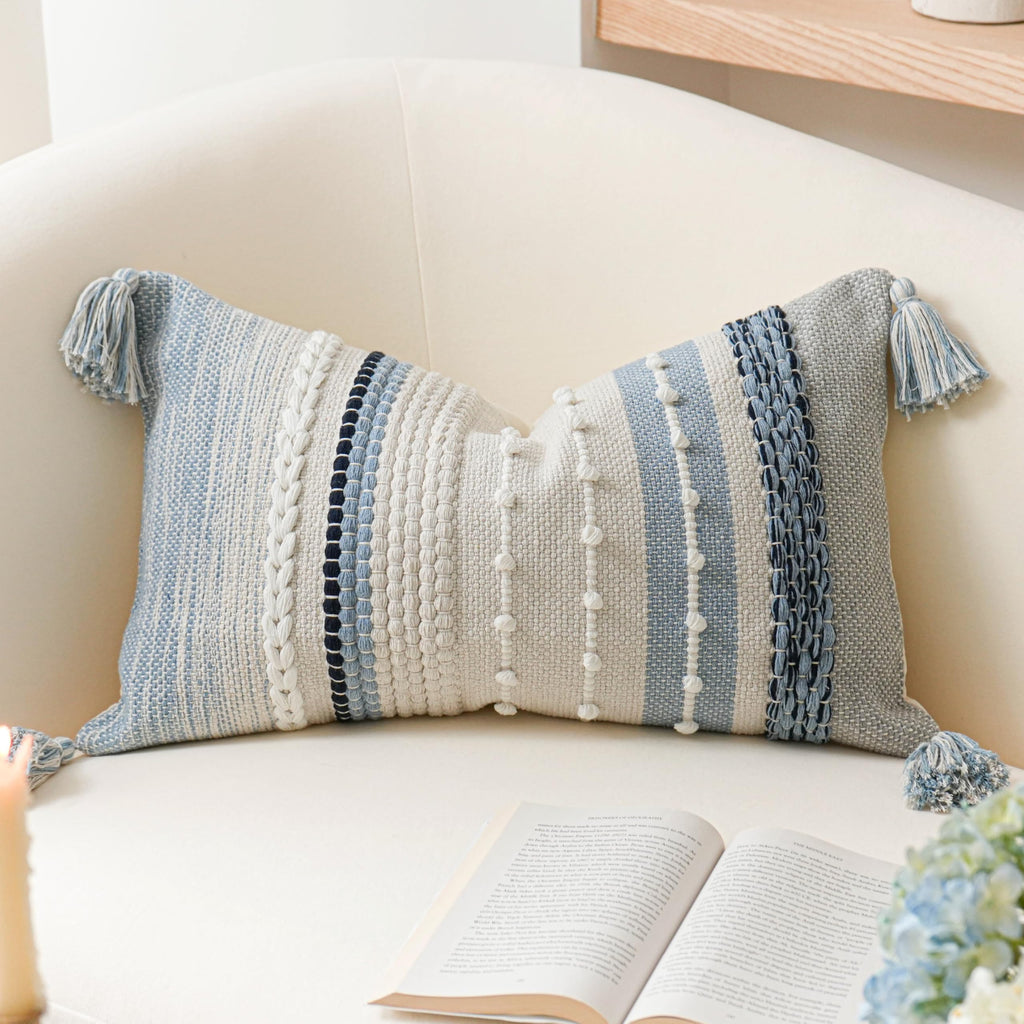 BlissBlush Coastal Blue Decorative Lumbar Pillow Cover 14x36 Boho Long Body Pillow for Bed Farmhouse Lumbar Throw Pillow for Couch Modern Accent Textured Throw Pillowcase
