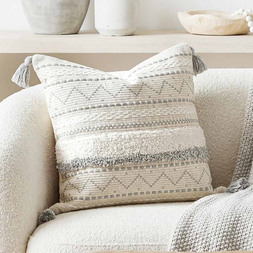 BlissBlush 14x36 Lumbar Pillow Cover for Bed, Rectangular Long Decorative Throw Pillowcase, Boho Accent Cushion with Tufted Pattern and Tassels, Cream Beige Neutral (Cover Only)