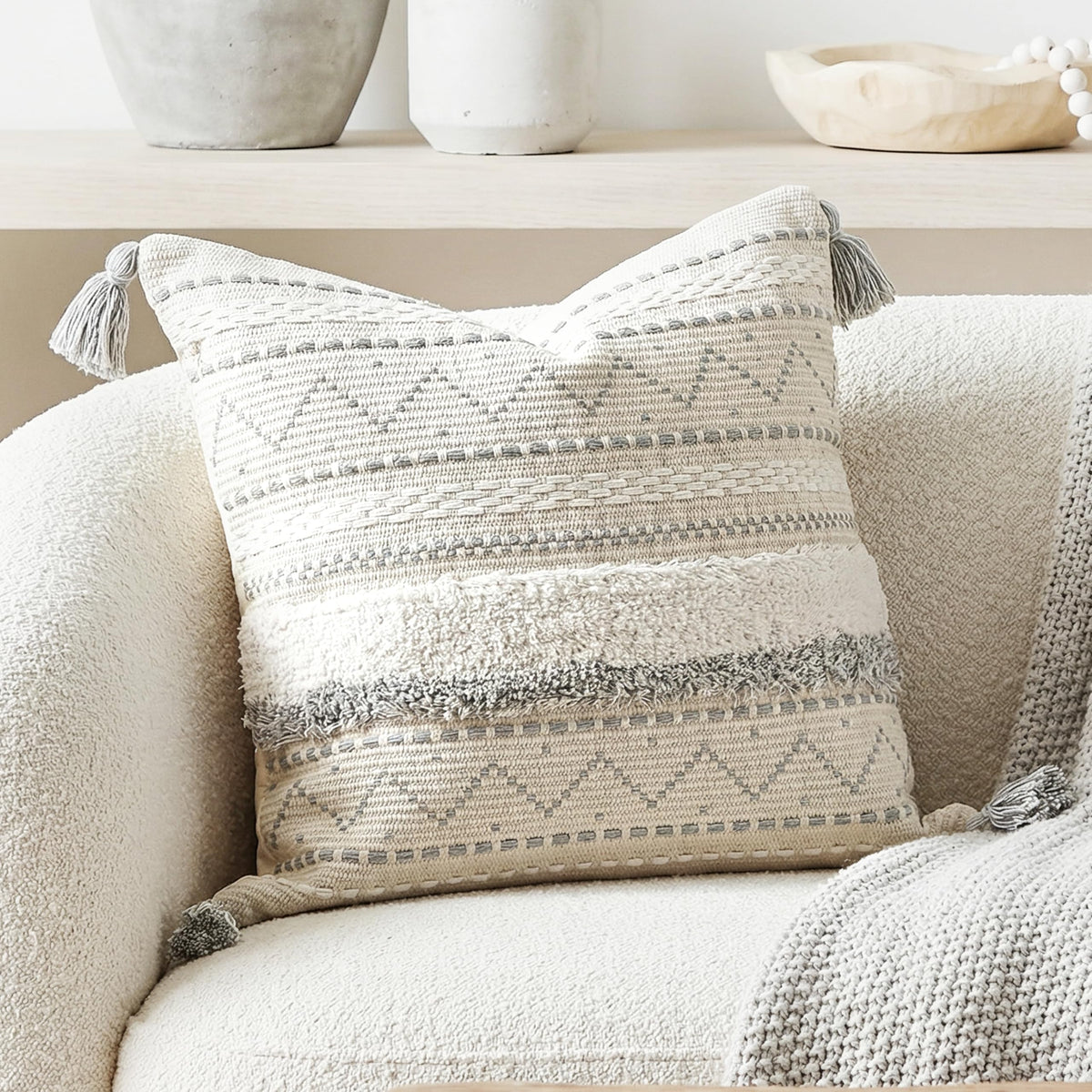 BlissBlush 14x36 Lumbar Pillow Cover for Bed, Rectangular Long Decorative Throw Pillowcase, Boho Accent Cushion with Tufted Pattern and Tassels, Cream Beige Neutral (Cover Only)