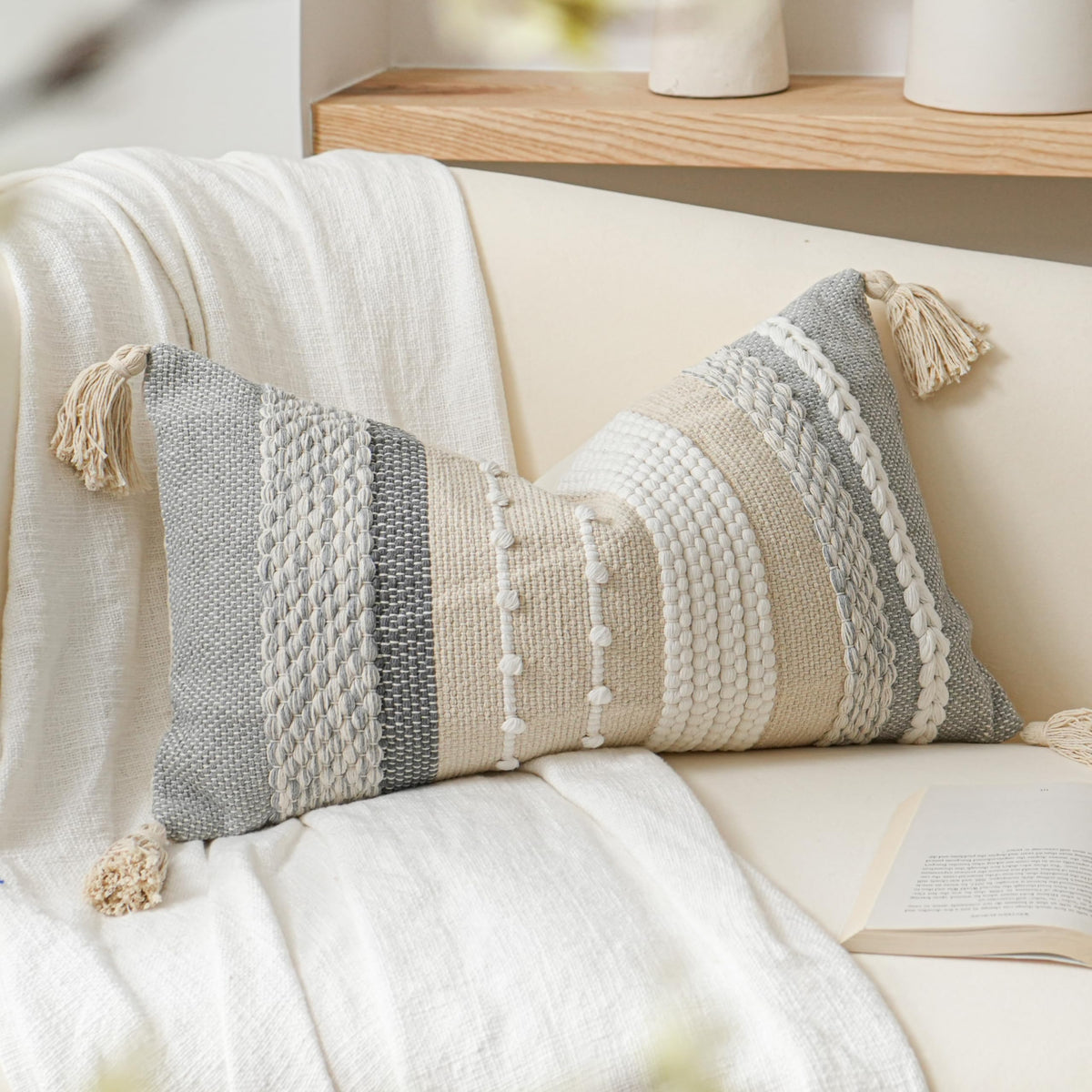 BlissBlush Coastal Blue Decorative Lumbar Pillow Cover 14x36 Boho Long Body Pillow for Bed Farmhouse Lumbar Throw Pillow for Couch Modern Accent Textured Throw Pillowcase