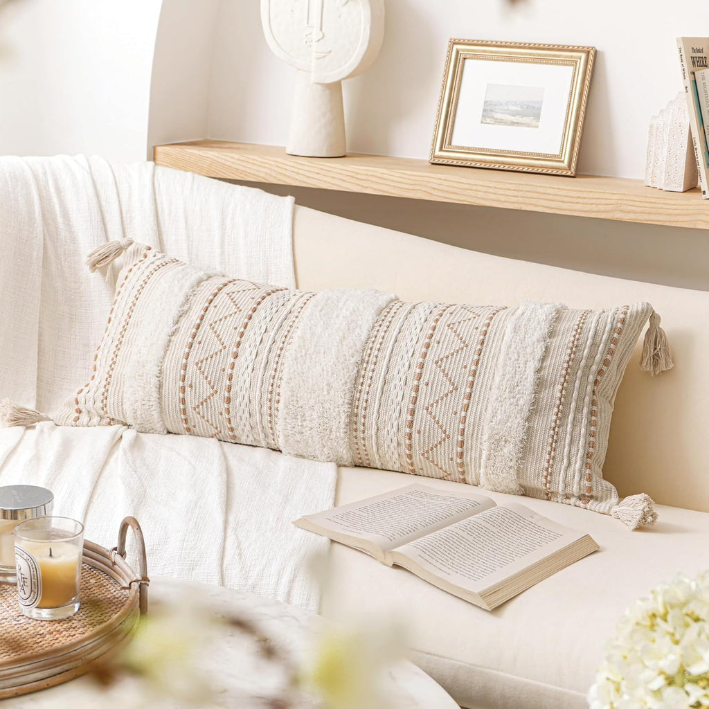 BlissBlush 14x36 Lumbar Pillow Cover for Bed, Rectangular Long Decorative Throw Pillowcase, Boho Accent Cushion with Tufted Pattern and Tassels, Cream Beige Neutral (Cover Only)