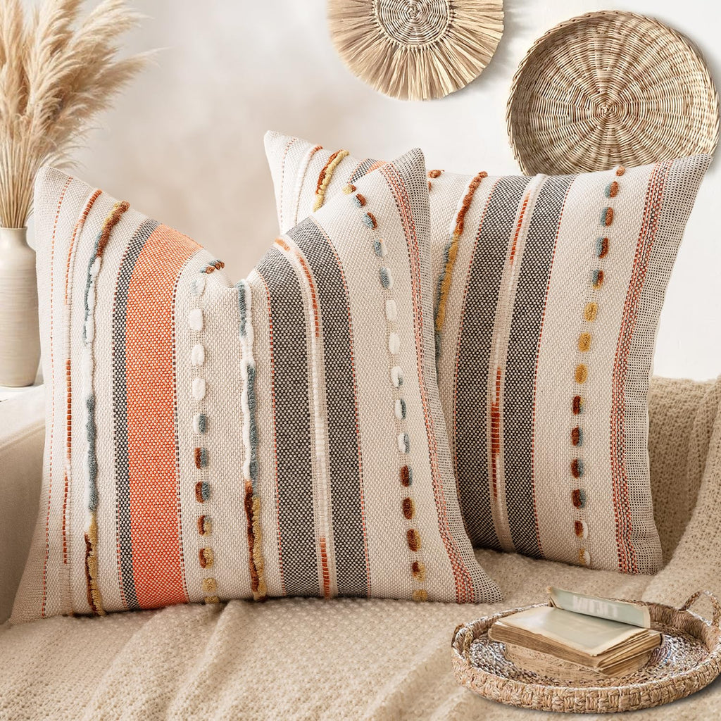 ANRODUO Boho Decorative Pillow Covers Olive Green Stripe 18x18 Pack of 2