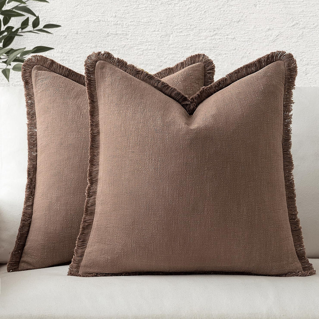 MIULEE Linen Fringe Decorative Throw Pillow Covers Natural Beige 20x20