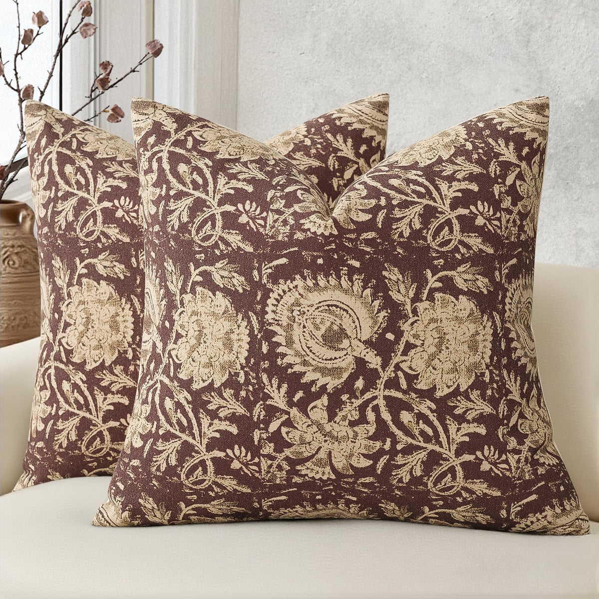 Vintage Floral Print Throw Pillow Covers 20x20 Set of 2 Neutral Modern Farmhouse Pillowcase Accent Decorative Cushion Covers Boho Home Decor for Couch Sofa Chair Bed Living Room, Olive Green
