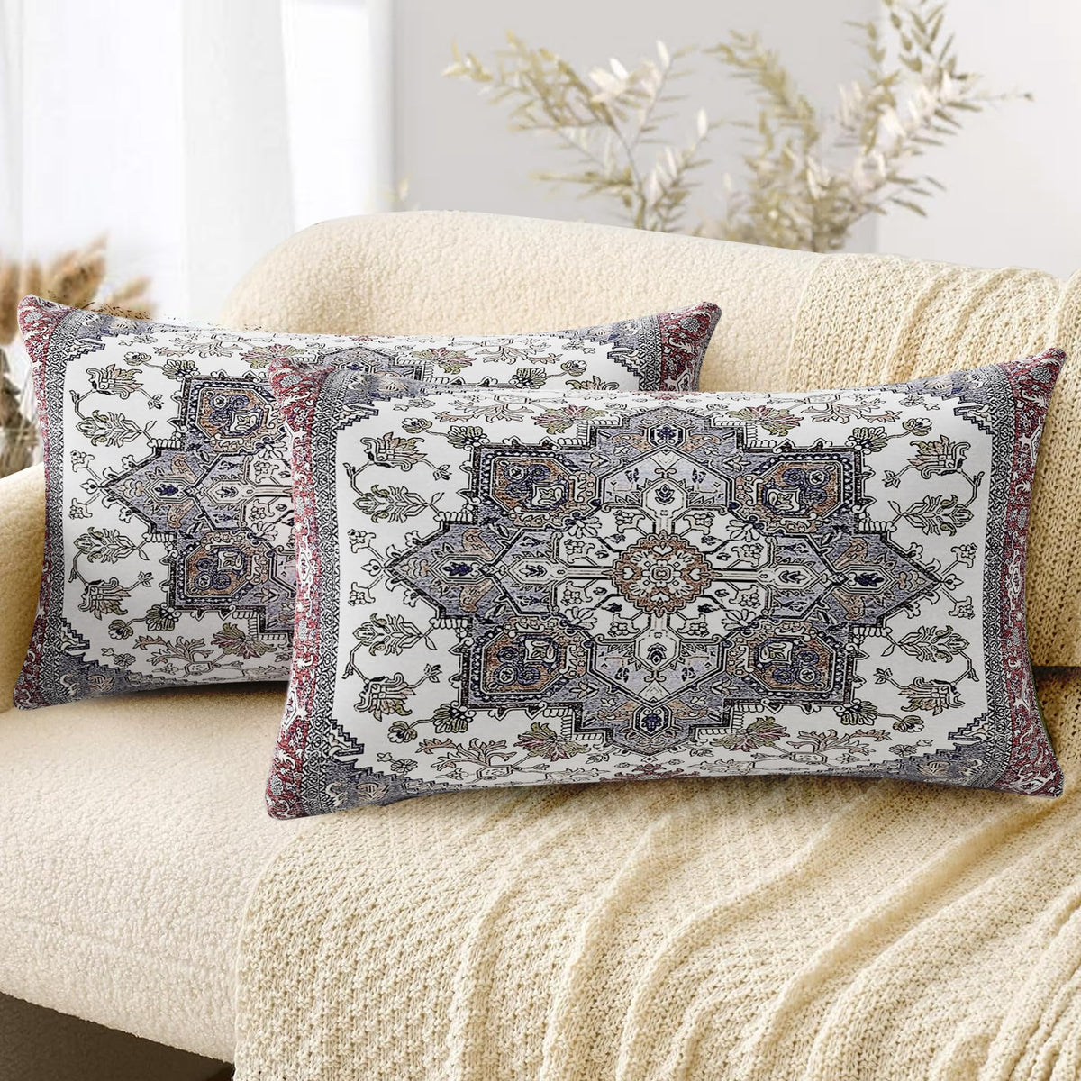 Boho Throw Pillow Covers 18x18 inch Set of 2,Soft Pillowcases Bohemia Carpet Printing Pattern Decorative Sofa Living Room Bed Square Pillow Case Cushion Cover-Cream Color