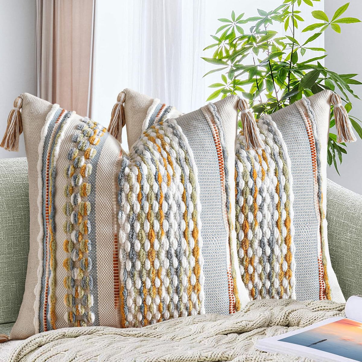 AmHoo Set of 2 Chenille Striped Textured Boho Throw Pillow Covers Aesthetic with Tassels Woven Decorative Pillow Case for Couch Bed Sofa Bedroom Modern Funky 18 x 18-Inch Brown