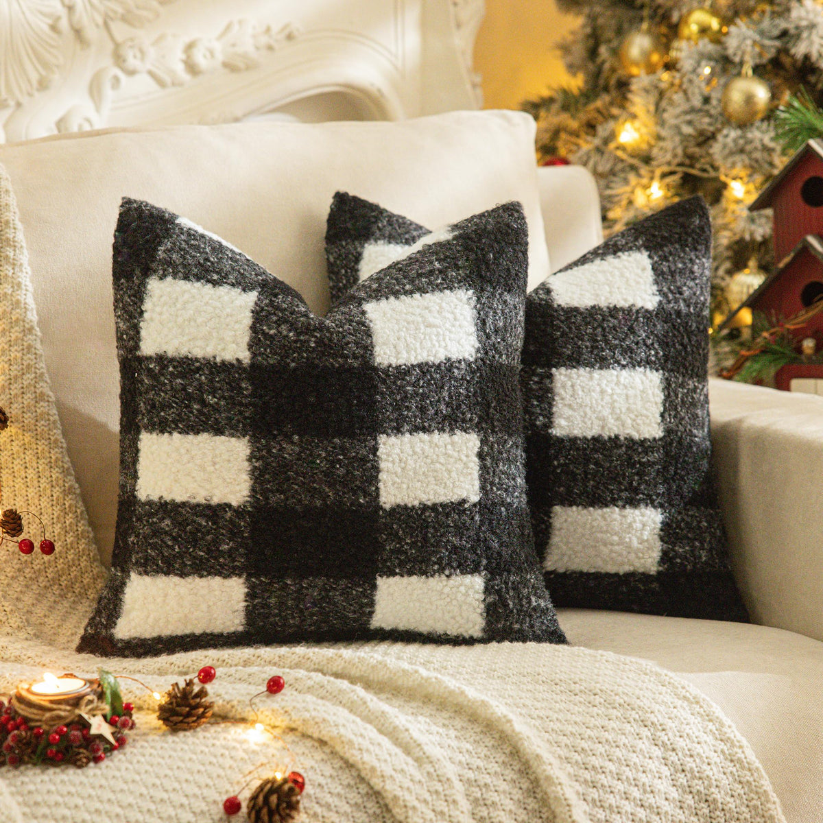 AQOTHES Plaid Fall Throw Pillow Covers Orange 18x18 Inch Set of 2
