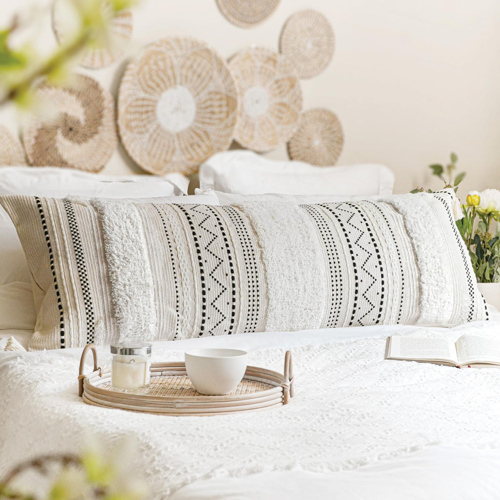 BlissBlush 14x36 Lumbar Pillow Cover for Bed, Rectangular Long Decorative Throw Pillowcase, Boho Accent Cushion with Tufted Pattern and Tassels, Cream Beige Neutral (Cover Only)